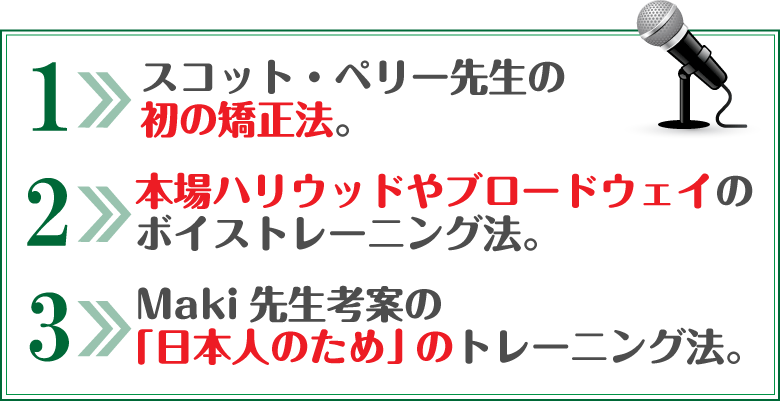□スコット・ペリー先生の初王矯正法。□本場ハリウッドやブロードウェイのボイストレーニング法。□Maki先生考案の「日本人のため」のトレーニング法。