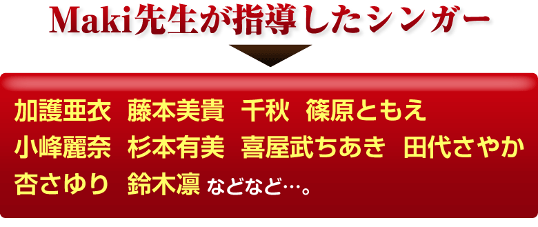 【Maki先生が指導したシンガー】
加護亜衣、藤本美貴、千秋、篠原ともえ、小峰麗奈、杉本有美、喜屋武ちあき、田代さやか、杏さゆり、鈴木凛などなど・・・。